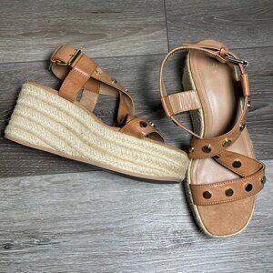 H&M Womens 8 US Espadrille Heels Brown Leather Studded Adjustable Buckle Wedge